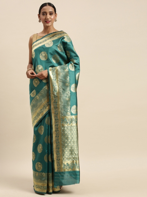 

Sharaa ETHNICA Teal Blue & Golden Silk Blend Woven Design Kanjeevaram Saree