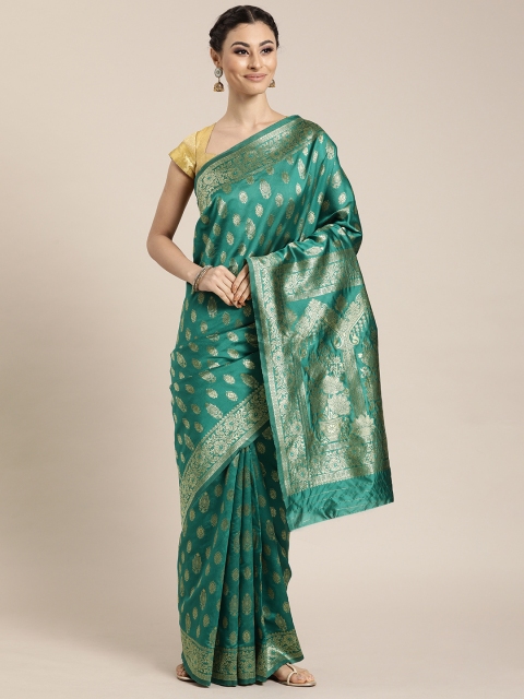 

Sharaa ETHNICA Turquoise Blue & Gold-Toned Silk Blend Printed Kanjeevaram Saree