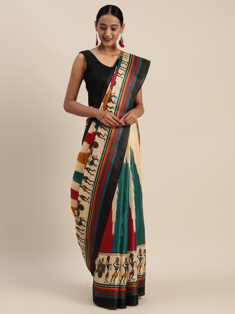 

Sharaa ETHNICA Beige & Green Art Silk Printed Bhagalpuri Saree