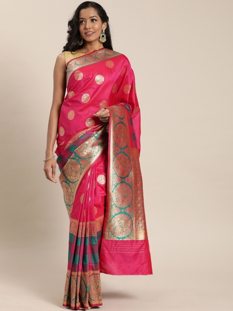 

Sharaa ETHNICA Pink & Gold-Toned Silk Blend Woven Design Kanjeevaram Saree