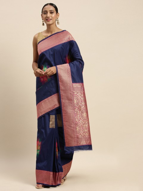 

Sharaa ETHNICA Navy Blue & Pink Silk Blend Woven Design Kanjeevaram Saree