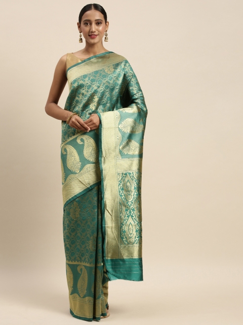 

Sharaa ETHNICA Turquoise Blue & Golden Silk Blend Woven Design Kanjeevaram Saree