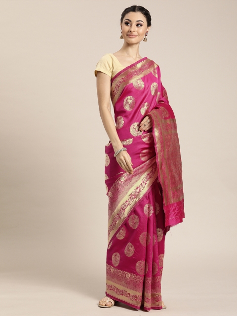 

Sharaa ETHNICA Pink & Gold-Coloured Silk Blend Woven Design Kanjeevaram Saree