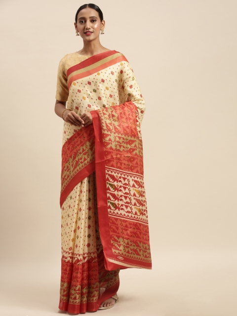 

Sharaa ETHNICA Beige & Coral Art Silk Printed Bhagalpuri Saree