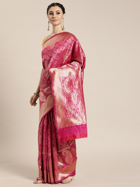 

Sharaa ETHNICA Pink & Gold-Coloured Silk Blend Woven Design Kanjeevaram Saree