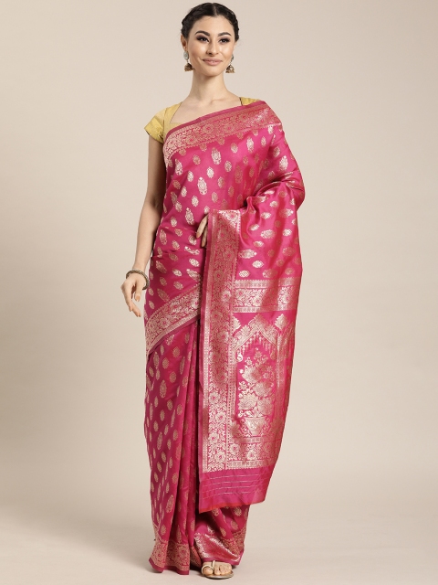 

Sharaa ETHNICA Pink & Gold-Toned Silk Blend Printed Kanjeevaram Saree