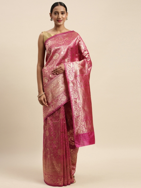 

Sharaa ETHNICA Pink & Golden Silk Blend Woven Design Kanjeevaram Saree