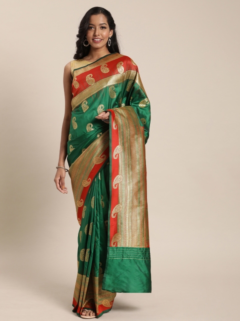 

Sharaa ETHNICA Green & Gold-Toned Silk Blend Woven Design Kanjeevaram Saree