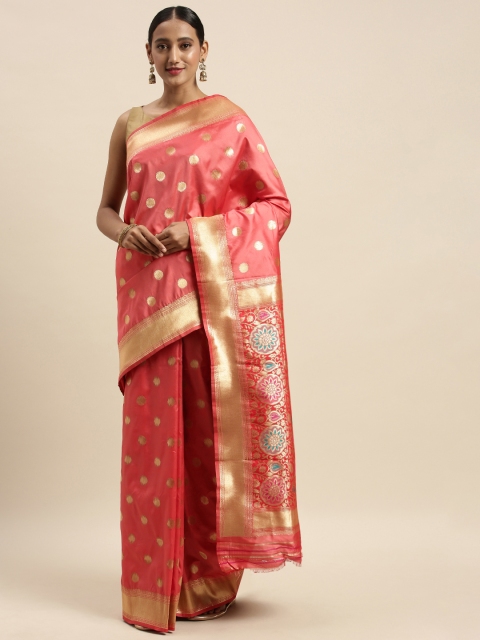 

Sharaa ETHNICA Pink & Golden Silk Blend Woven Design Kanjeevaram Saree