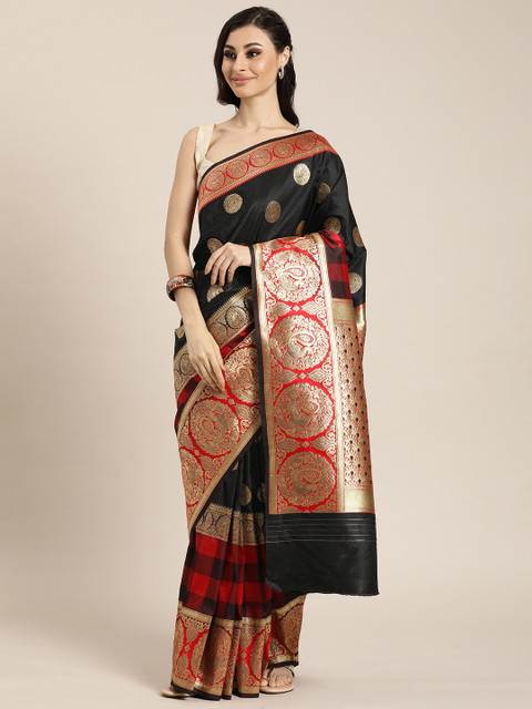 

Sharaa ETHNICA Black & Gold-Toned Woven Design Kanjeevaram Saree