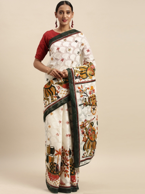 

Sharaa ETHNICA Green & White Cotton Blend Printed Chanderi Saree