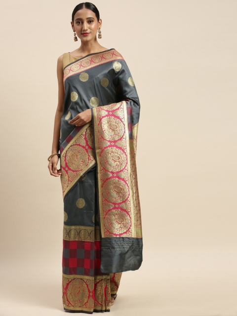 

Sharaa ETHNICA Grey & Golden Silk Blend Woven Design Kanjeevaram Saree