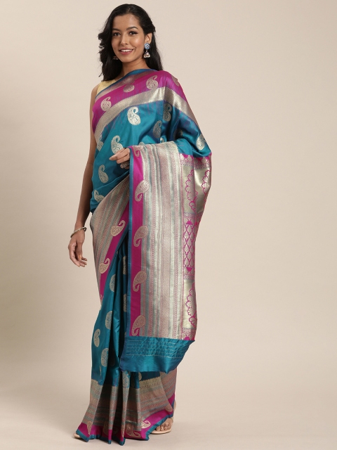 

Sharaa ETHNICA Turquoise Blue & Beige Silk Blend Woven Design Kanjeevaram Saree
