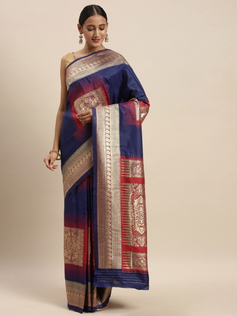 

Sharaa ETHNICA Navy Blue & Gold-Toned Silk Blend Woven Design Kanjeevaram Saree