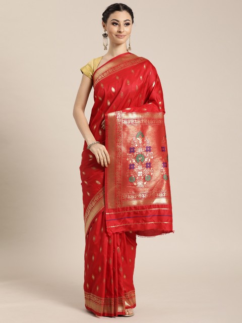 

Sharaa ETHNICA Red & Gold-Coloured Silk Blend Woven Design Kanjeevaram Saree