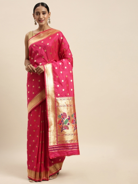 

Sharaa ETHNICA Pink & Gold-Toned Silk Blend Woven Design Kanjeevaram Saree