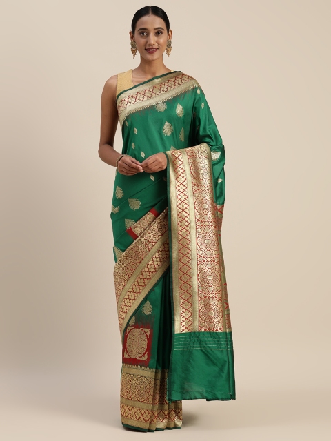 

Sharaa ETHNICA Green & Gold-Toned Silk Blend Woven Design Kanjeevaram Saree