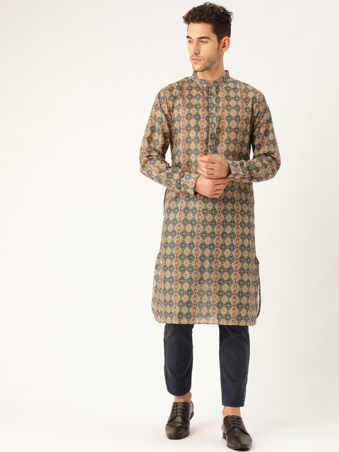 

Style Quotient Men Beige & Blue Printed Straight Kurta