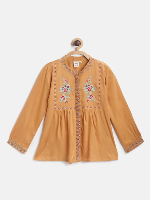 

Bella Moda Girls Mustard Brown Regular Fit Floral Embroidered Casual Shirt