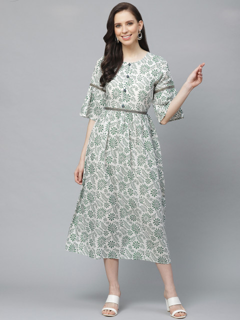 

AASI - HOUSE OF NAYO Women White & Green Floral Printed A-Line Dress