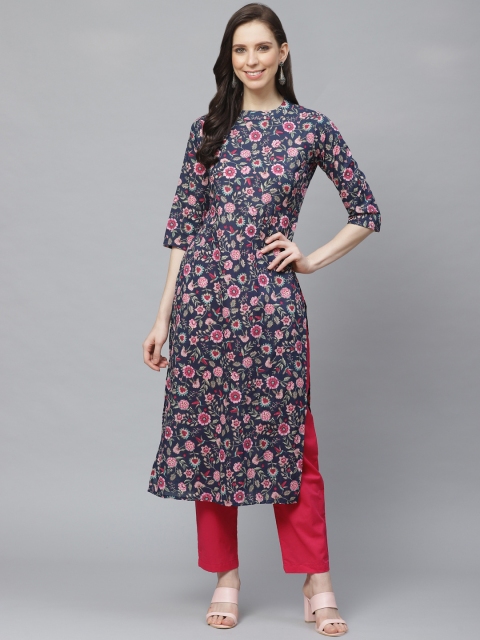 

AASI - HOUSE OF NAYO Women Navy Blue & Pink Floral Print Kurta with Trousers