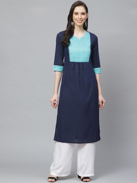 

AASI - HOUSE OF NAYO Women Navy Blue Yoke Design Straight Kurta