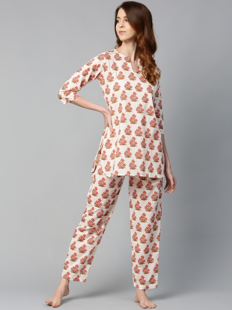 

AASI - HOUSE OF NAYO Women White & Coral Orange Printed Night suit