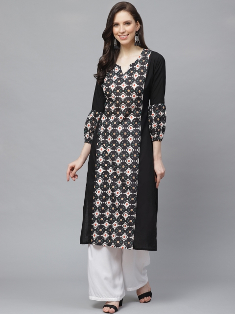

AASI - HOUSE OF NAYO Women Black & White Panelled Printed Straight Kurta