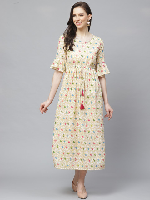 

AASI - HOUSE OF NAYO Women Beige & White Ethnic Printed Maxi Dress