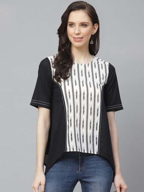 

AASI - HOUSE OF NAYO Women Black & White Printed Asymmetric Pure Cotton Top
