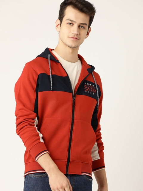 

Monte Carlo Men Red & Navy Blue Colourblocked Hooded Sweatshirt