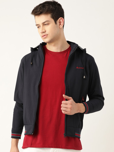 

Monte Carlo Men Navy Blue Solid Hooded Bomber Jacket