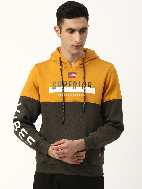 

Monte Carlo Men Mustard Yellow & Olive Green Colourblocked Hooded Sweatshirt