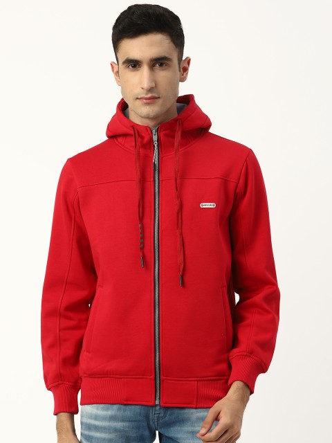

Monte Carlo Men Red Solid Hooded Open Front Sweatshirt