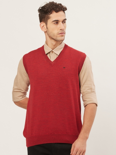 

Monte Carlo Men Red Solid Woollen Sweater Vest, Rust