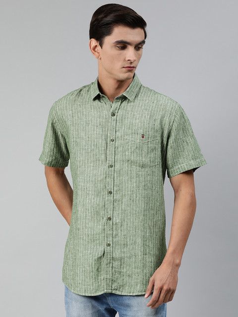 

Louis Philippe Sport Men Olive Green & White Slim Fit Striped Casual Linen Shirt