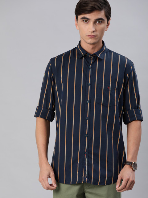 

Louis Philippe Sport Men Navy Blue & Mustard Brown Super Slim Fit Striped Casual Shirt
