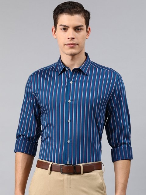

Louis Philippe Men Teal Blue & Maroon Super Slim Fit Striped Formal Shirt