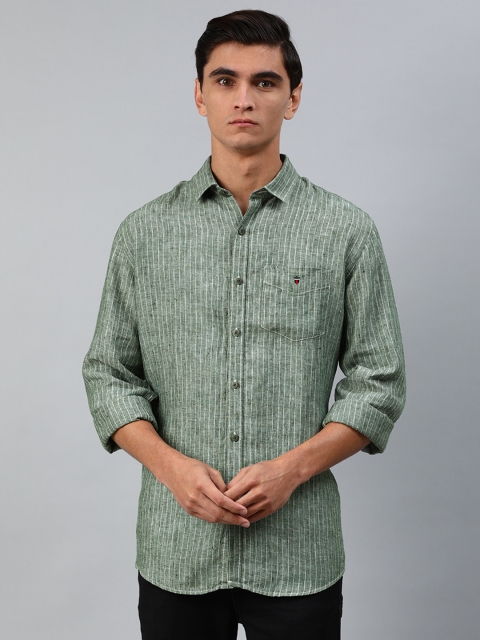 

Louis Philippe Sport Men Olive Green & White Slim Fit Striped Casual Linen Shirt