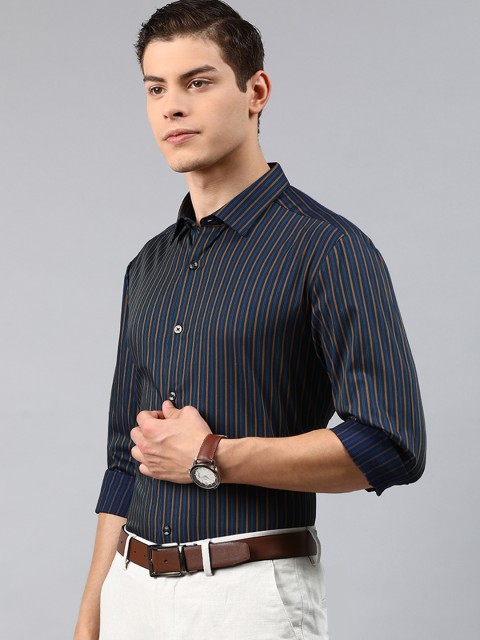 

Louis Philippe Men Navy Blue & Brown Super Slim Fit Striped Formal Shirt
