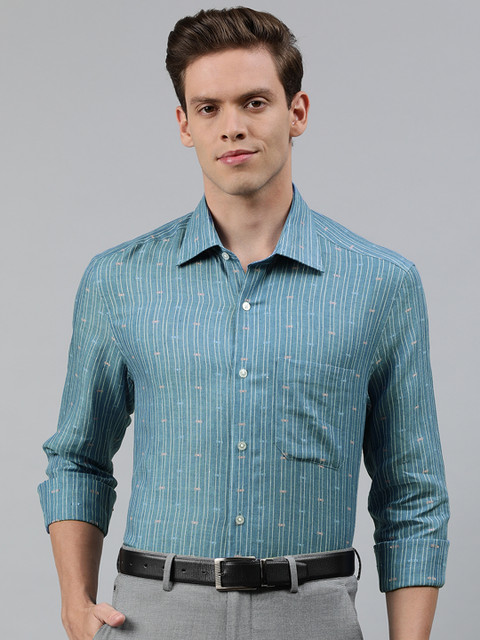 

Louis Philippe Men Blue & White Classic Fit Striped Linen Formal Shirt
