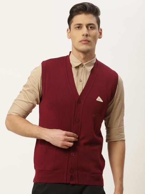 

Monte Carlo Men Maroon Solid Woollen Cardigan Sweater