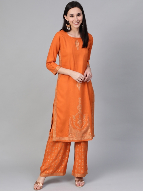 

Jompers Women Orange & Golden Block Printed Kurta with Palazzos