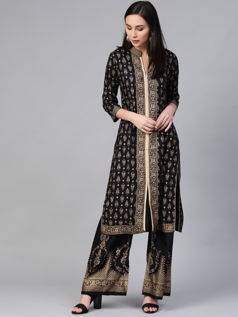 

Jompers Women Black & Golden Block Print Kurta with Palazzos