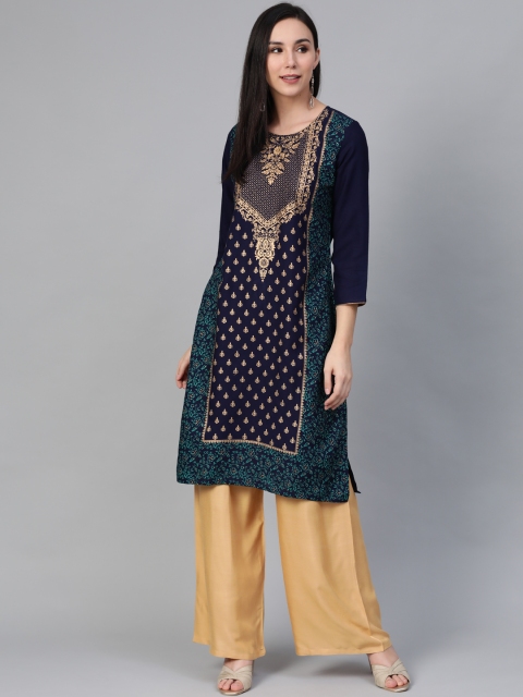 

Jompers Women Navy Blue & Beige Block Printed Kurta with Palazzos