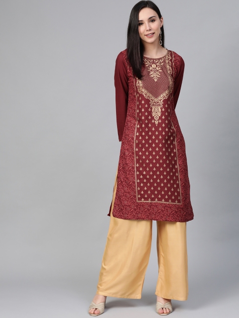 

Jompers Women Maroon & Beige Block Printed Kurta with Palazzos