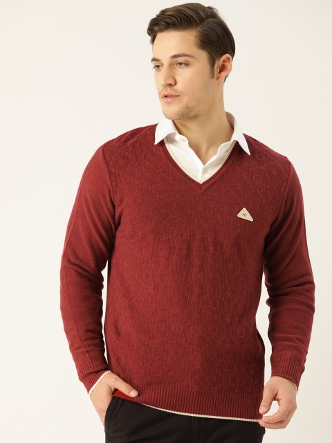 

Monte Carlo Men Maroon Self Design Pullover with Brand Logo Applique Detail