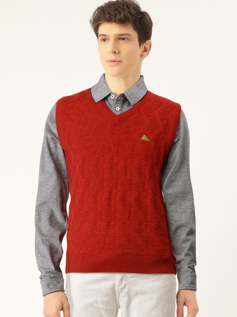 

Monte Carlo Men Rust Red Self Design Woollen Sweater Vest
