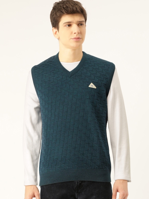 

Monte Carlo Men Teal Blue Self Design Sweater Vest