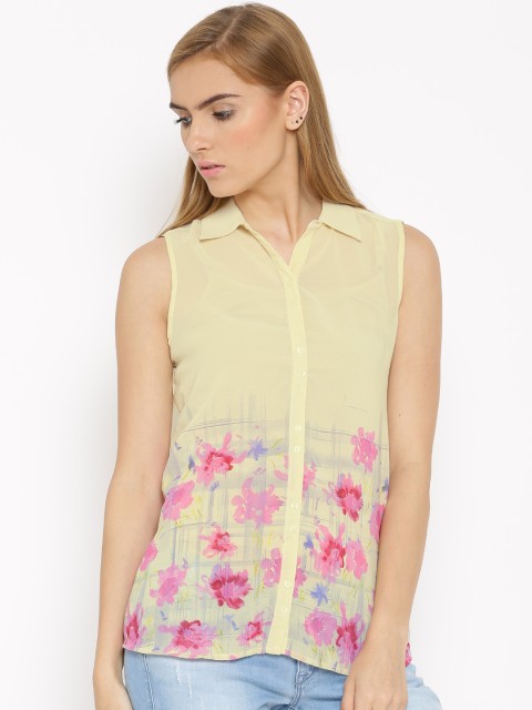 

People Yellow Polyester Floral Print Shirt